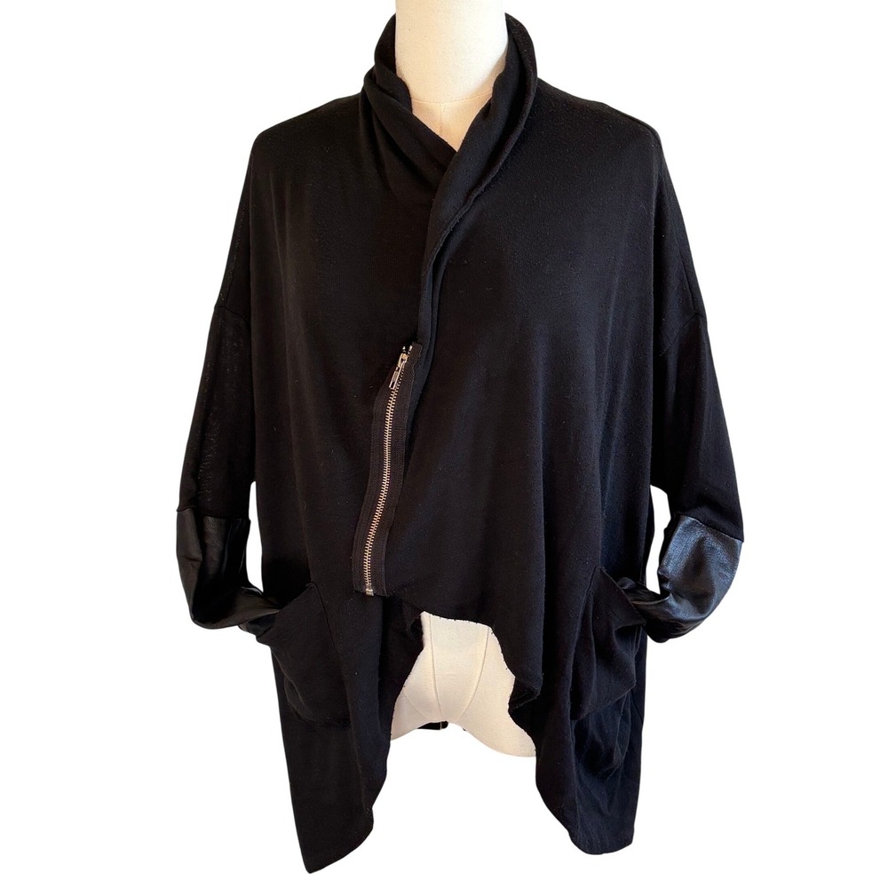 JET John Eshaya Cardigan Black Womens O/S Leather Sleeve Asymmetrical Zip Jacket